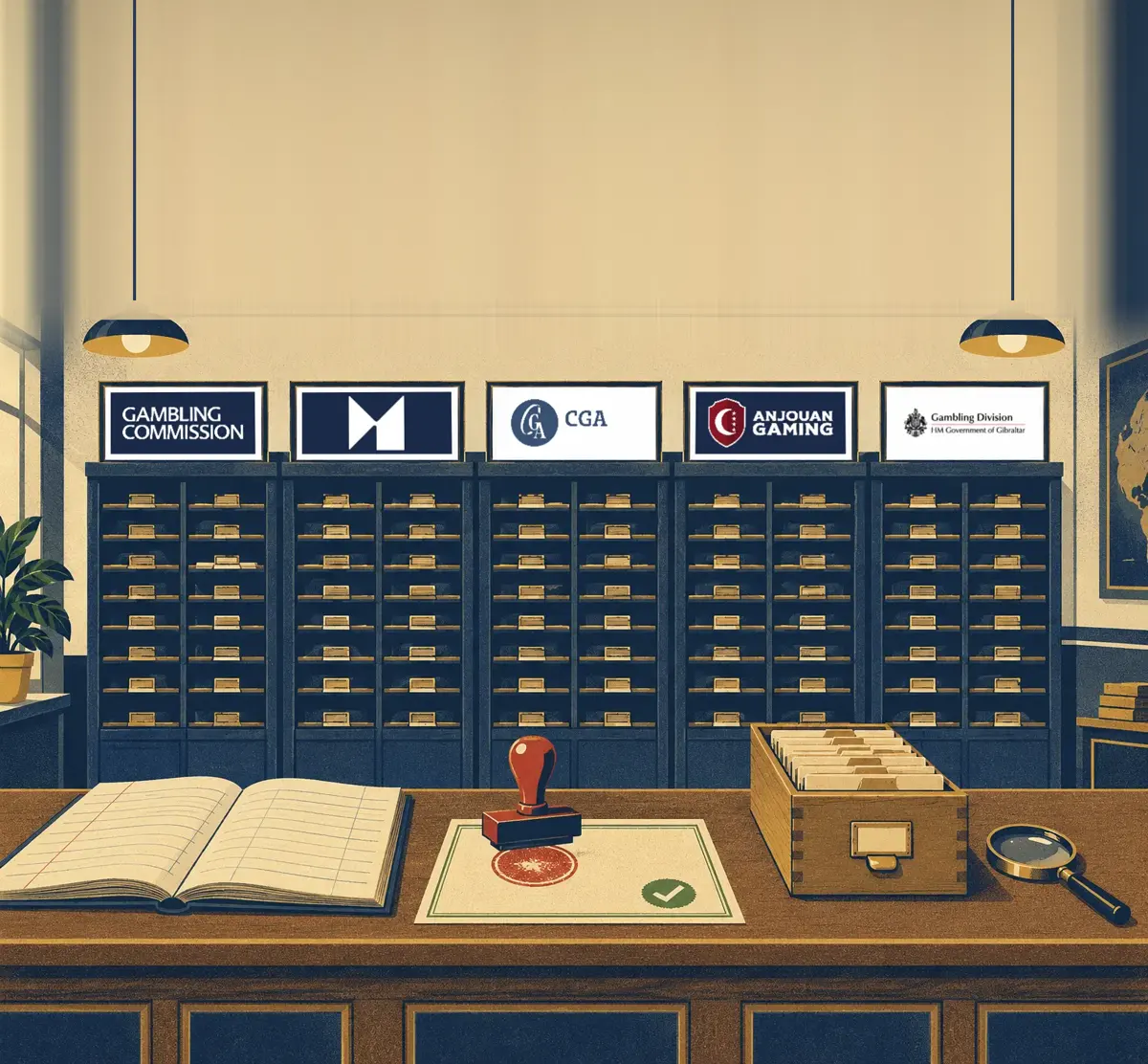 A 1950s records office: five regulator plaques (UK Gambling Commission, Malta Gaming Authority, Curacao Gaming Authority, Anjouan Gaming, Gibraltar Gambling Division) above archive cabinets, and on the counter a ledger, a stamp on a licence certificate and a card index